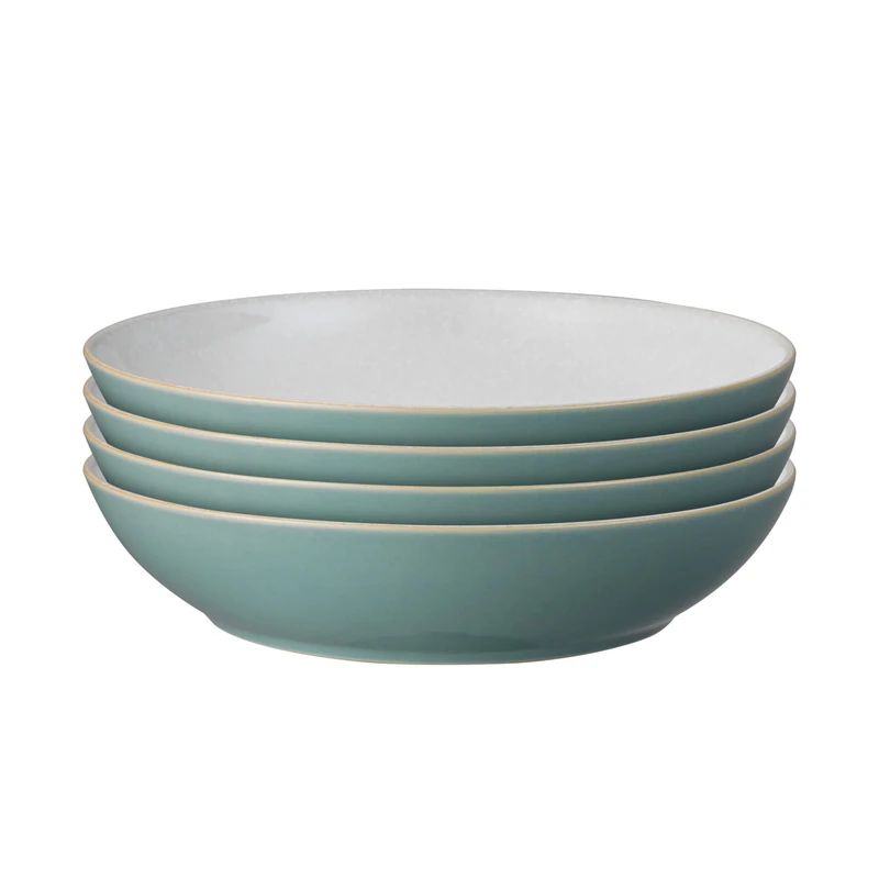 Denby - Elements Fern Green Pasta Bowls Set of 4 - Dishwasher Microwave Safe Crockery 1050ml 22cm - Green, White Ceramic Stoneware Tableware - Chip & Crack Resistant