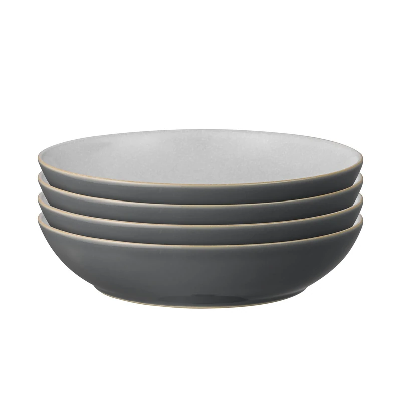 Denby - Elements Fossil Grey Pasta Bowls Set of 4 - Dishwasher Microwave Safe Crockery 1050ml 22cm - Dark Grey, White Ceramic Stoneware Tableware - Chip & Crack Resistant