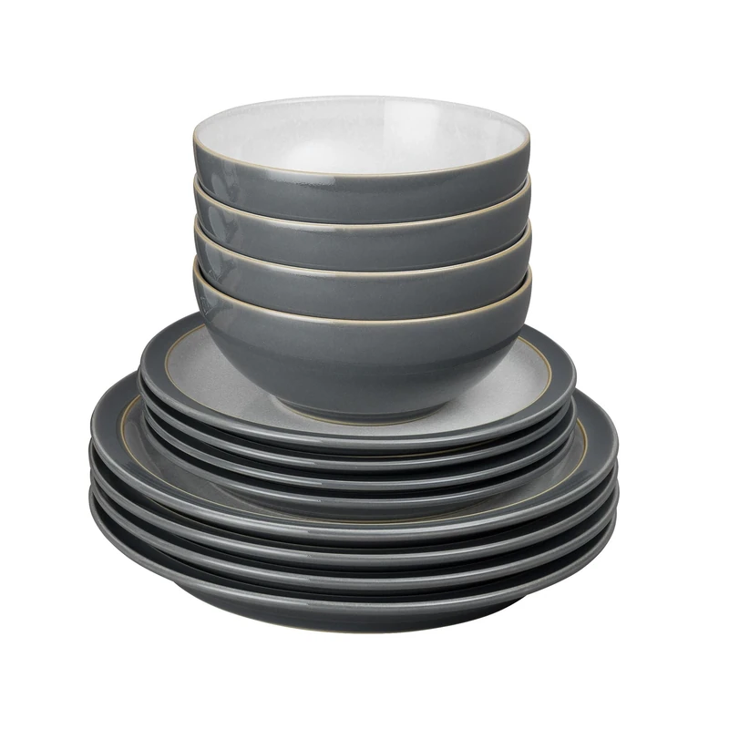 Denby - Elements Fossil Grey Dinner Set For 4 - 12 Piece Ceramic Tableware Set - Dishwasher Microwave Safe Crockery Set - 4 x Dinner Plates, 4 x Medium Plates, 4 x Cereal Bowls