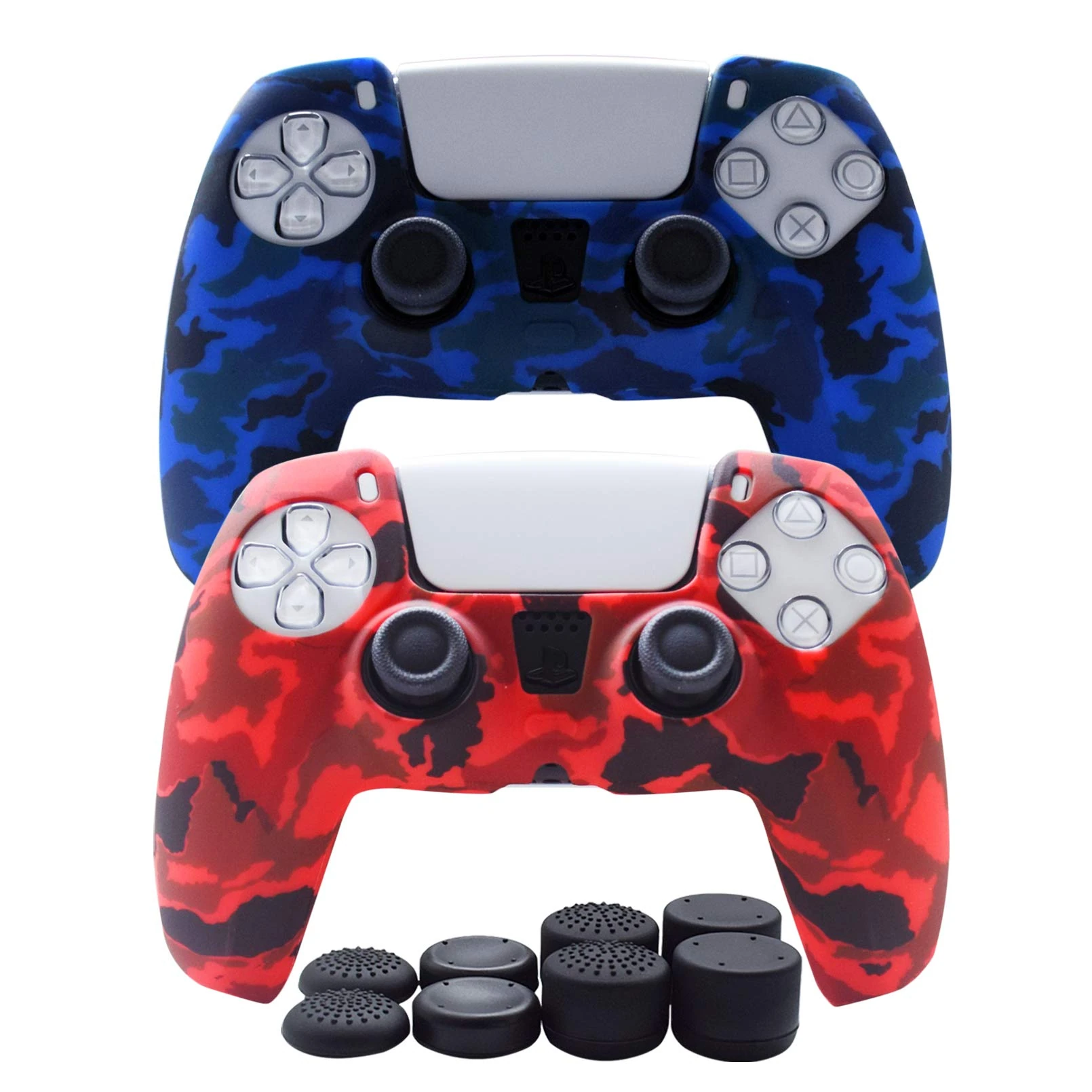 Hikfly Silicone Skin for PS5 Controller - Compatible Grips, Non-Slip Cover for PlayStation 5 - 2x Skins with 8 x Thumb Grip Caps (Blue,Red)