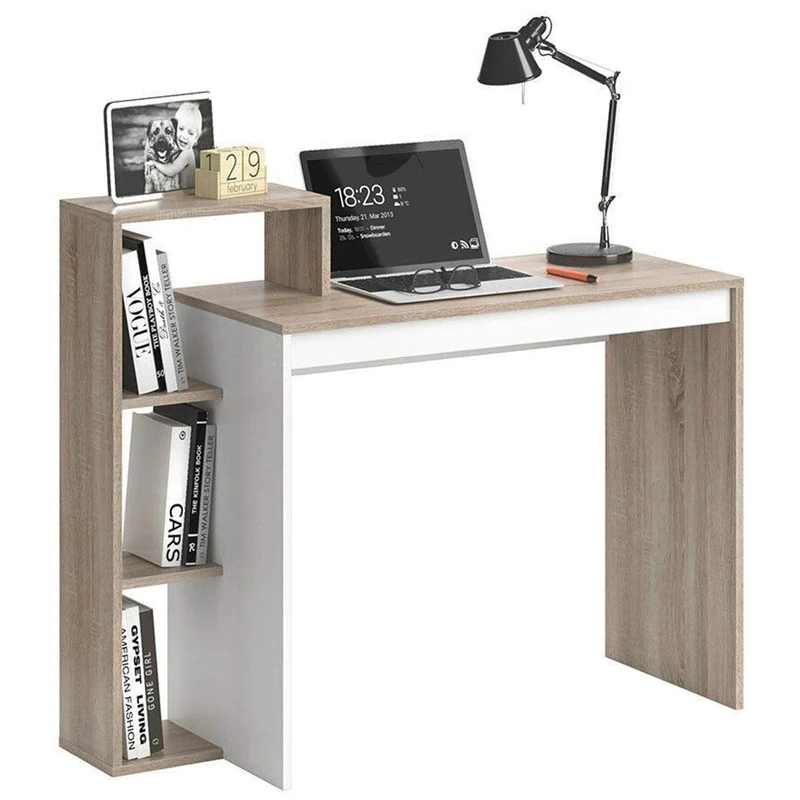 BAKAJI Desk with Bookcase 4 Shelves Work Table Pc Computer Holder Wood Frame and Top MDF Home Office Bedroom Dimensions 110 x 90 x 40 cm (Oak) - Image 1