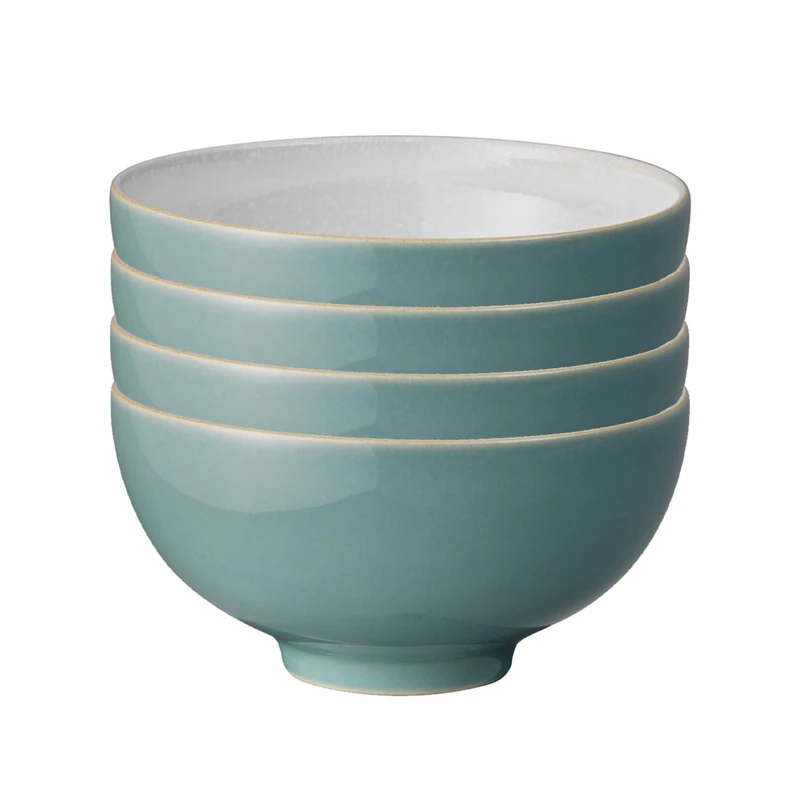 Denby - Elements Fern Green Rice Bowls Set of 4 - Dishwasher Microwave Safe Crockery 480ml 13cm - Green, White Ceramic Stoneware Tableware - Chip & Crack Resistant Soup Bowls