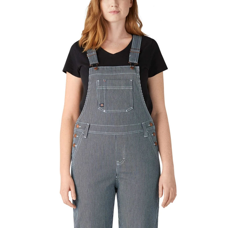 Dickies Women's Hickory Stripe Boyfriend Bib Overall, Stonewashed HIC, Large