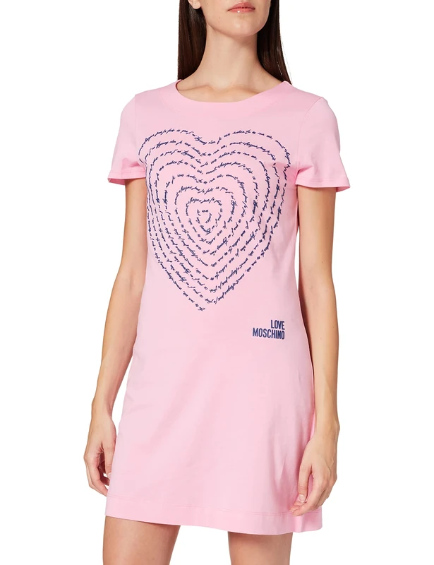 Love Moschino Women's A-line Dress with Short Sleeves, in 30/1 Cotton Jersey. Customized with Calligram 3-D Heart Print and Logo. Casual, Pink, 16