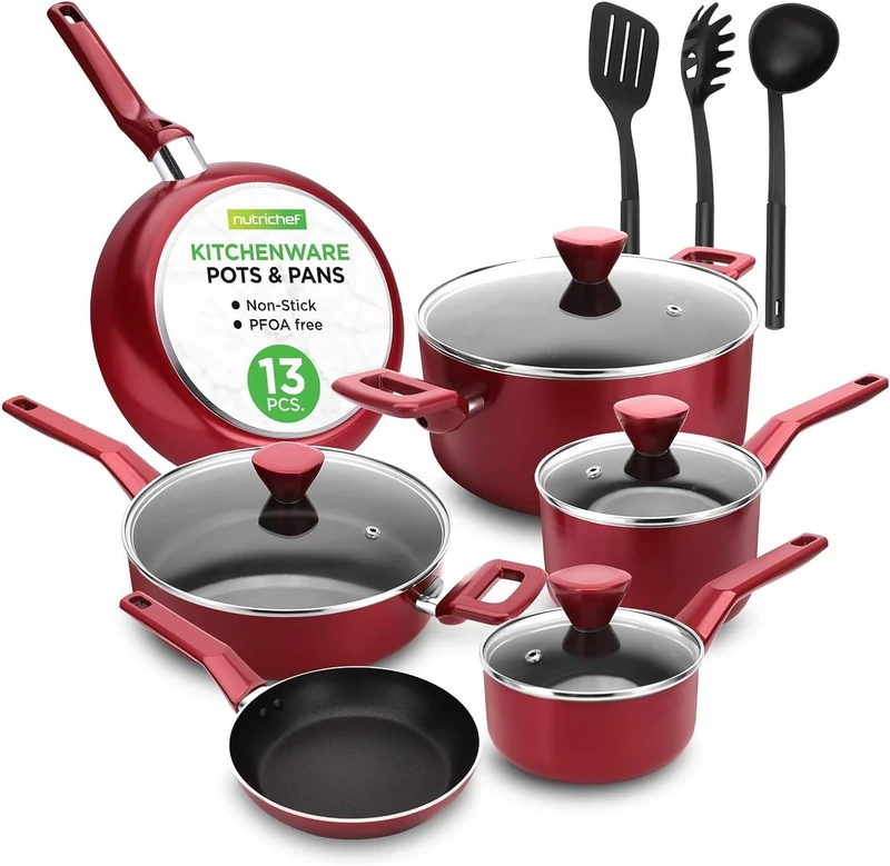 NutriChef Pots Pans Set Non Stick, 13 Pcs - Cooking Pot Set, Hob Pan Set with Lids, Saucepan, Kitchen Frying Pans, Free Heat Resistant PFOA Free Cookware, Lids, Ladle, Fork, Strainer, Red