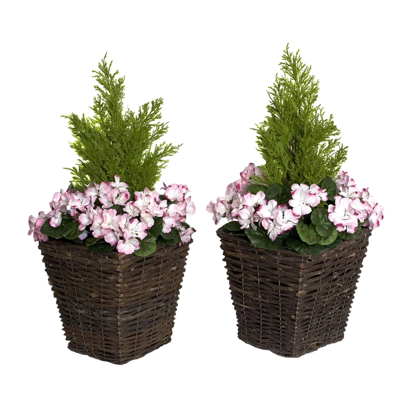 2x Artificial Rattan Patio Planters with Pink Geraniums and Cedar Topiary