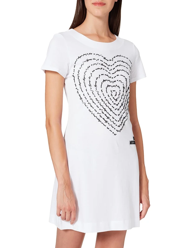Love Moschino Women's A-line Dress with Short Sleeves, in 30/1 Cotton Jersey. Customised with Calligram 3-d Heart Print and Logo. Casual, Optical White, 16