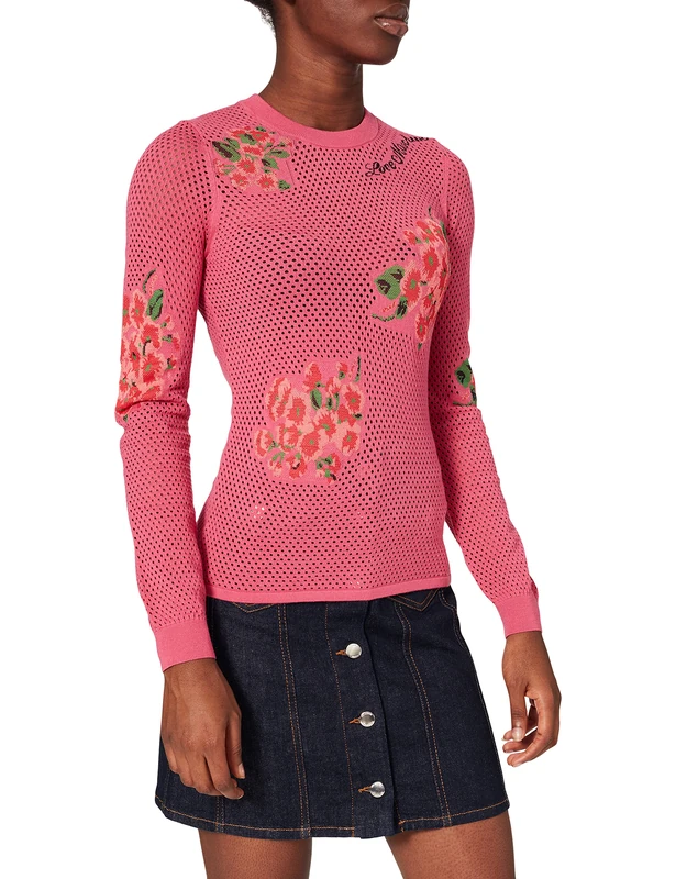 Love Moschino Women's Fitted Pullover with Long Sleeves, in Mesh Knit Stretch Viscose, 14 Gauge, with Intarsia Flowers Sweater, F.rosa/Fio.Ross