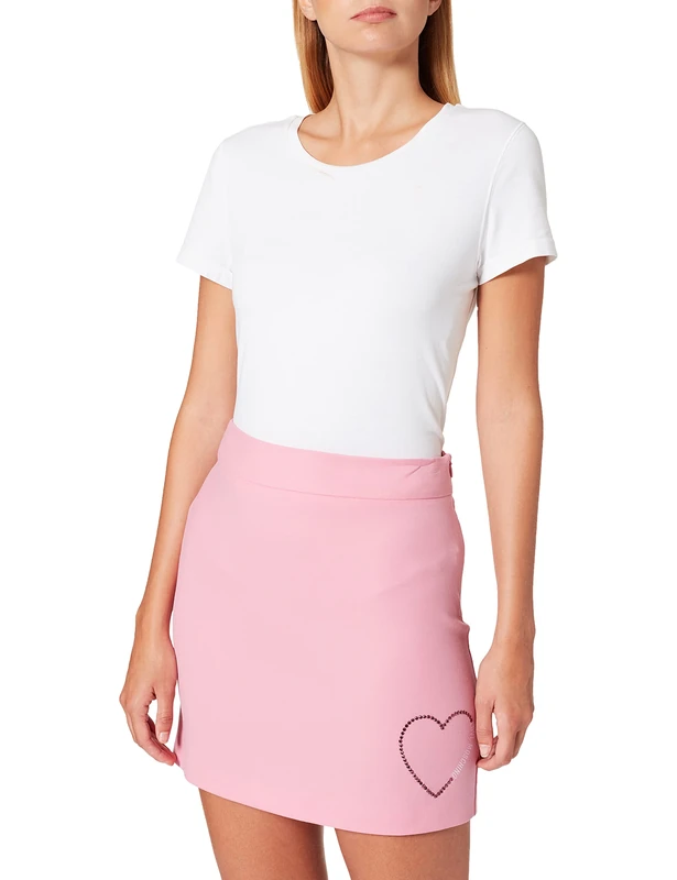 Love Moschino Women's Tube Skirt in Stretch Wool Fabric. Customized Matching Hue Rhinestone Heart with Shiny Print in Front, Pink, 20
