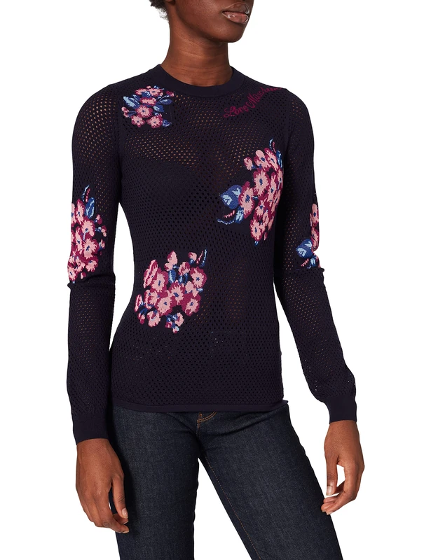 Love Moschino Women's Fitted Pullover with Long Sleeves, in mesh Knit Stretch Viscose, 14 Gauge, with Intarsia Flowers Sweater, F.blu/Fio.Viola, 16