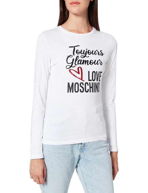 Love Moschino Women's Fitted Long Sleeve T-Shirt in 30/1 Cotton Jersey. Customized with Glitter Print of Seasonal Slogan and Logo, Optical White, 10