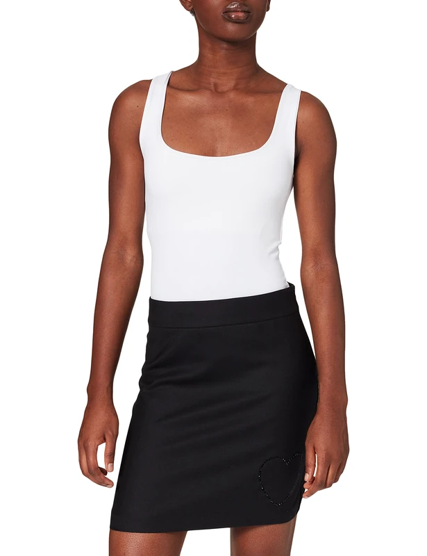 Love Moschino Women's Tube Skirt in Stretch Wool Fabric. Customized Matching Hue Rhinestone Heart with Shiny Print in Front, Black, 12