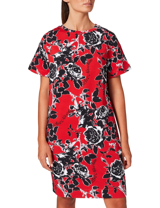 Love Moschino Women's T-Shirt Dress with Wide Short Dropped Sleeves. in Stretch Cotton Fleece All-Over Printed with Roses and Logo. Casual, F.red/Rosa Nera, 12