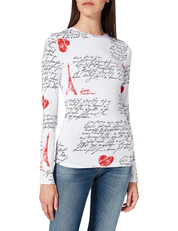 Love Moschino Women's Fitted Long-Sleeved T-Shirt in Soft Stretch Viscose Jersey with All-Over Calligraphy Print, Love Lett.BCO, 22