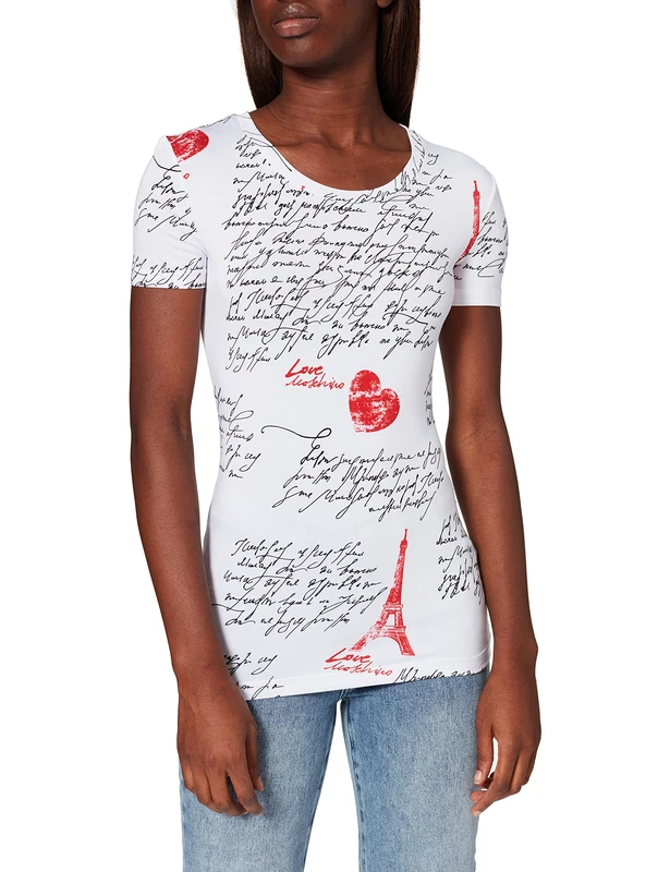 Love Moschino Women's Fitted T-Shirt with Short Sleeves, in Soft Stretch Viscose Jersey, with All-Over Calligraphy Print, Love Lett.BCO, 14 - Image 1