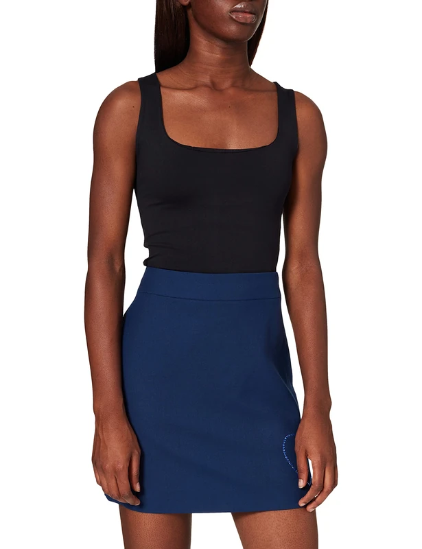 Love Moschino Women's Tube Skirt in Stretch Wool Fabric. Customized Matching hue Rhinestone Heart with Shiny Print in Front, Blue, 18