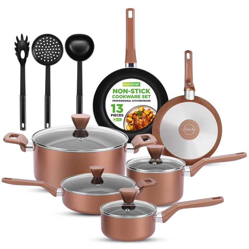 NutriChef 13-Piece Non Stick Cookware Set – PTFE/PFOA-Free Pots and Pans with Lids, Frying Pans, Saucepan, Casserole, Cooking – Heat Resistant Kitchen Essentials, Brown