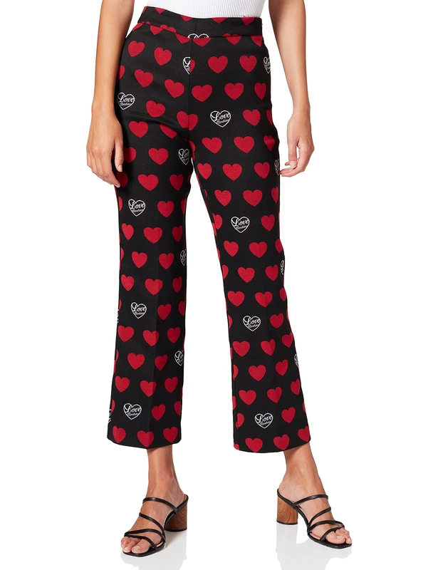 Love Moschino Women's 7/8 Trousers in All-Over Heart and Logo Jacquard Fabric, with Invisible Side Zip. Casual, F.Nero/CUOR.RED, 22