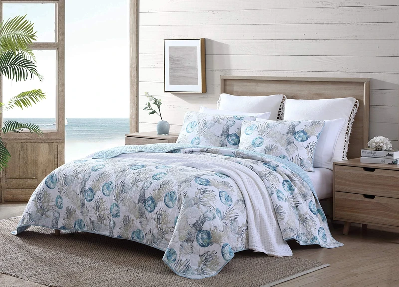 Tommy Bahama Reversible Cotton Bedding with Matching Shams, All Season Coastal Home Decor, 100%, Blue, Full/Queen