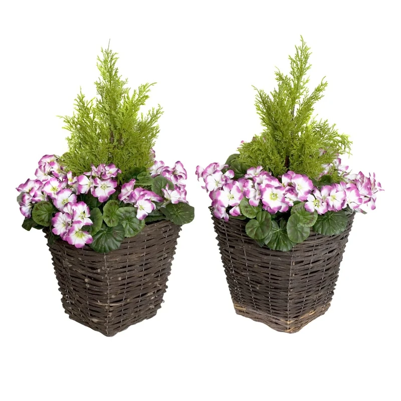 GreenBrokers 2x Artificial Rattan Patio Planters with Purple Geraniums and Cedar Topiary