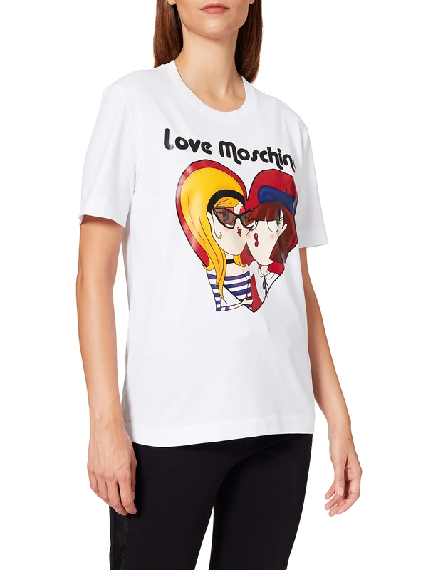 Love Moschino Women's Regular fit Short-Sleeved T-Shirt in 30/1 Cotton Jersey. with Custom Print of French Themed Dolls and Logo, Optical White, 6