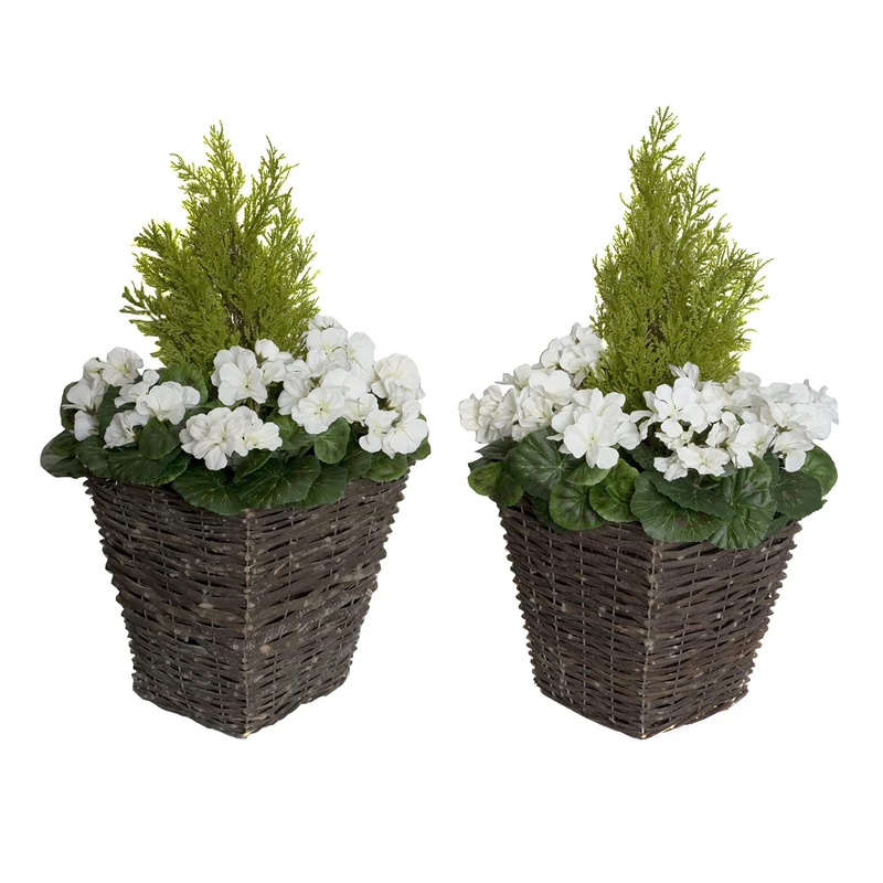 2x Artificial Rattan Patio Planters with White Geraniums and Cedar Topiary