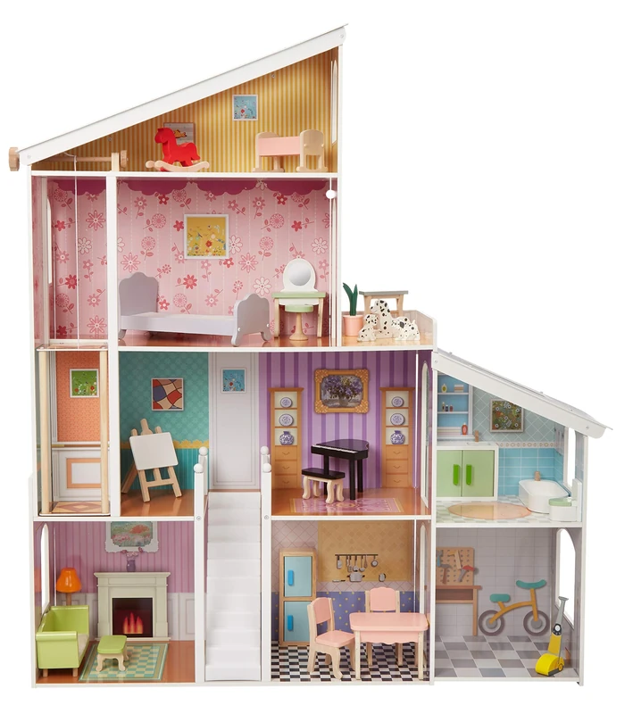 Amazon Basics 4-Story Wooden Dollhouse and Furniture Accessories for 30.48 cm Dolls, 132.1 x 35.6 x 139.7 cm