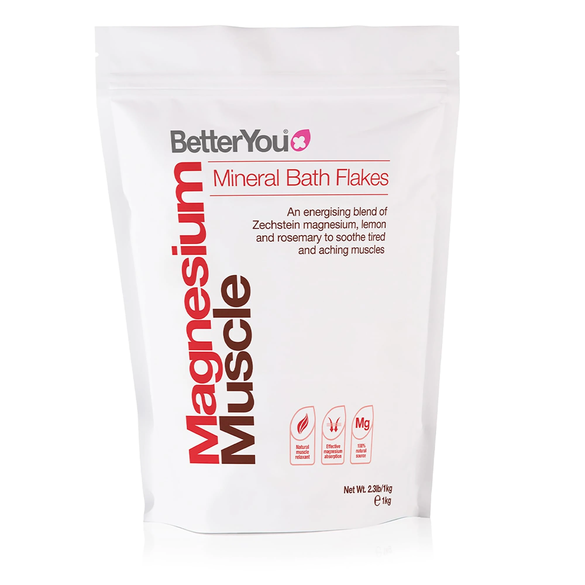 BetterYou Magnesium Muscle Mineral Bath Flakes, Natural Source Magnesium Chloride Bath Flakes to Sooth Aching Muscles, Sports Recovery Salts, Vegan & Palm-Oil Free, 1kg