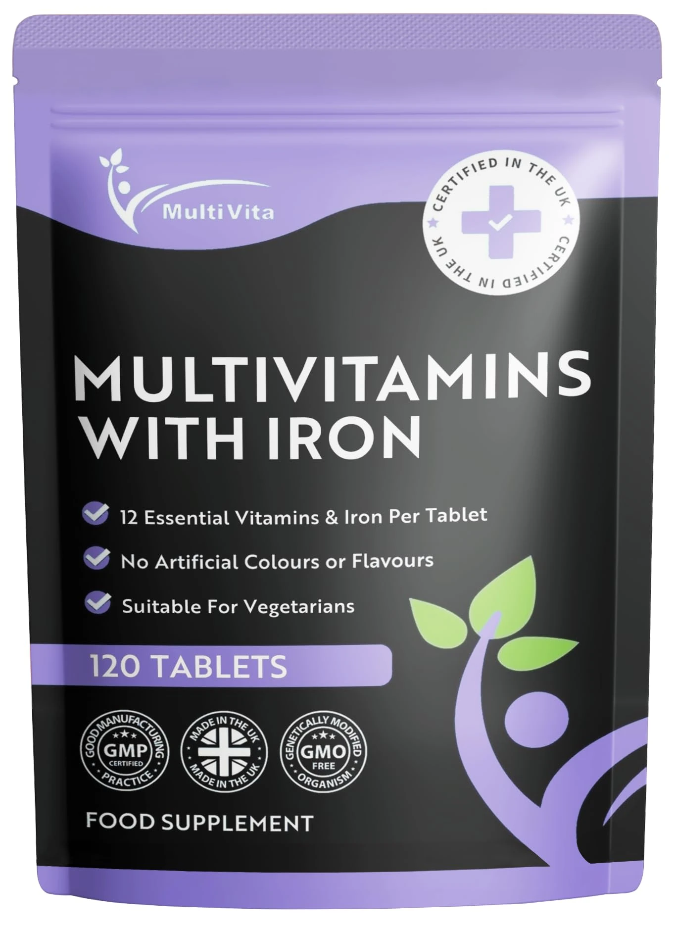 Multivita Multivitamins with Iron – 12 Essential Vitamins & Iron – Immune, Energy & Skin Support – 1-a-Day for Men & Women – 120 Tablets – 4 Month Supply – Vegetarian – Made in UK