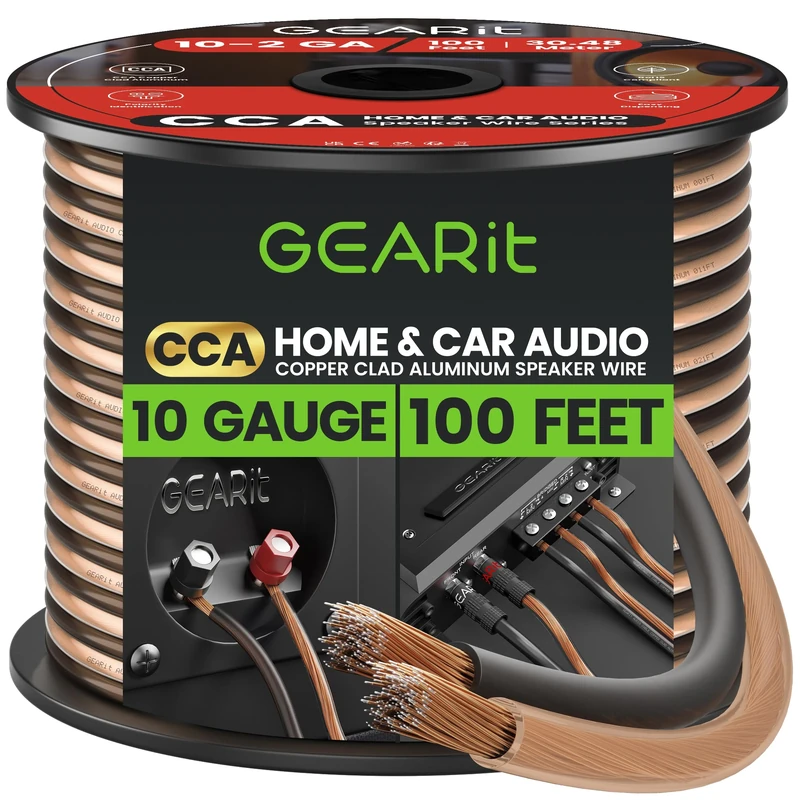 GearIT 10 Gauge Speaker Wire (100 Feet), Copper Clad Aluminum, CCA Thick Gauge Copper Wire for Stereo, Surround Sound, Home Theater, Radio (Black/Clear, 100 Feet)