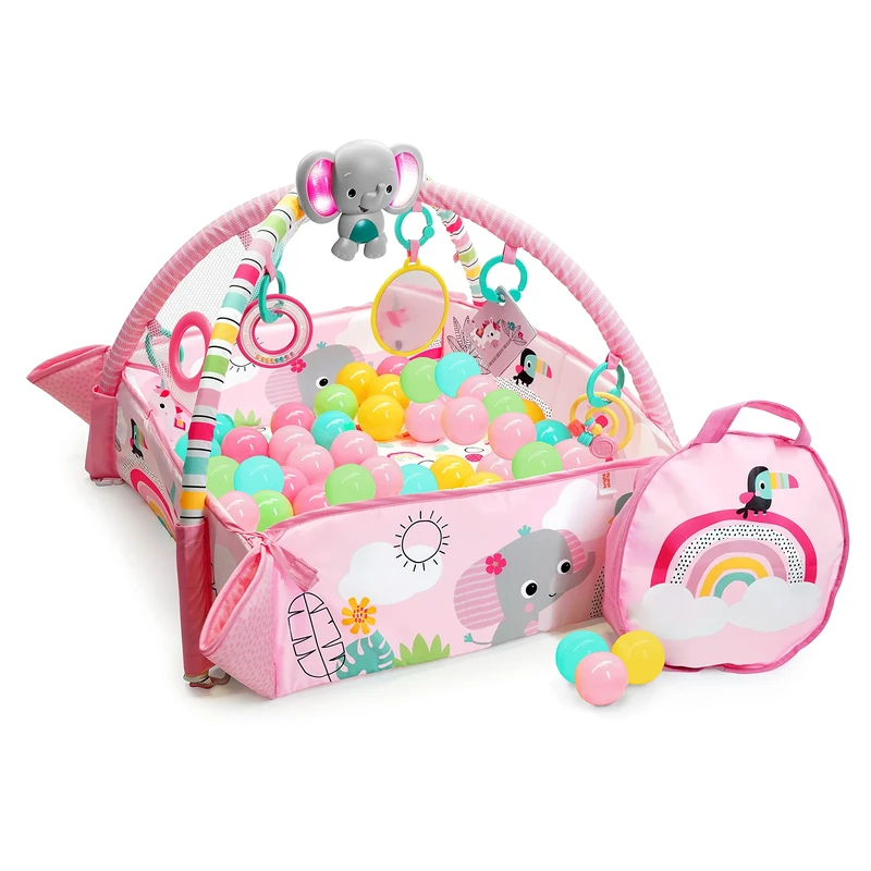 Bright Starts, 5-in-1 Your Way Ball Play Activity Gym and Ball Pit with 40 Balls - Rainbow Tropics, Play Gym with 20+ Minutes of Lights and Music, 7 Detachable Activity Toys, Ages Newborn +, Pink