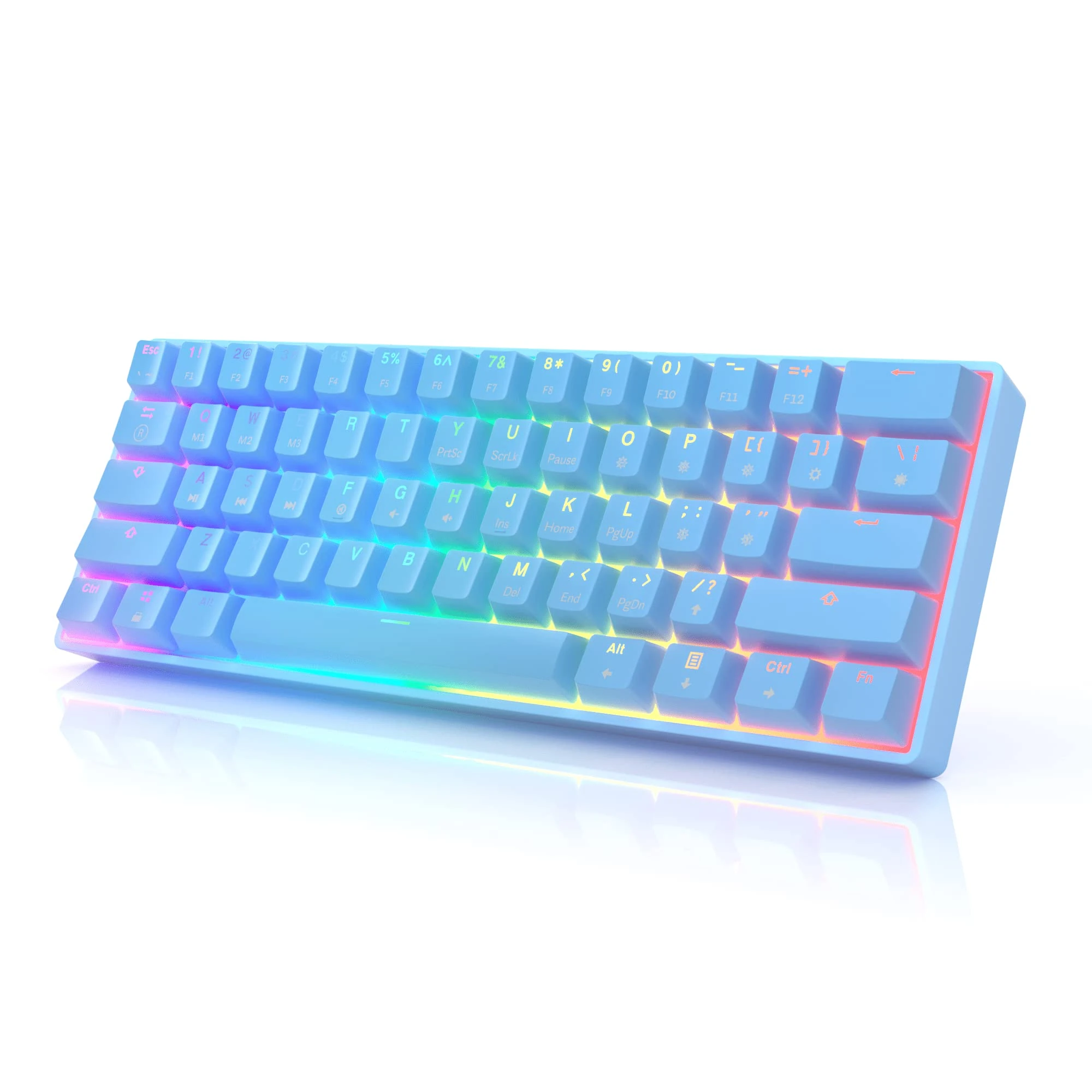 HK Gaming GK61 Mechanical Gaming Keyboard 60 Percent | 61 RGB Rainbow LED Backlit Programmable Keys | USB Wired | For Mac and Windows PC | Hotswap Gateron Mechanical Silent Brown Switches | Blue