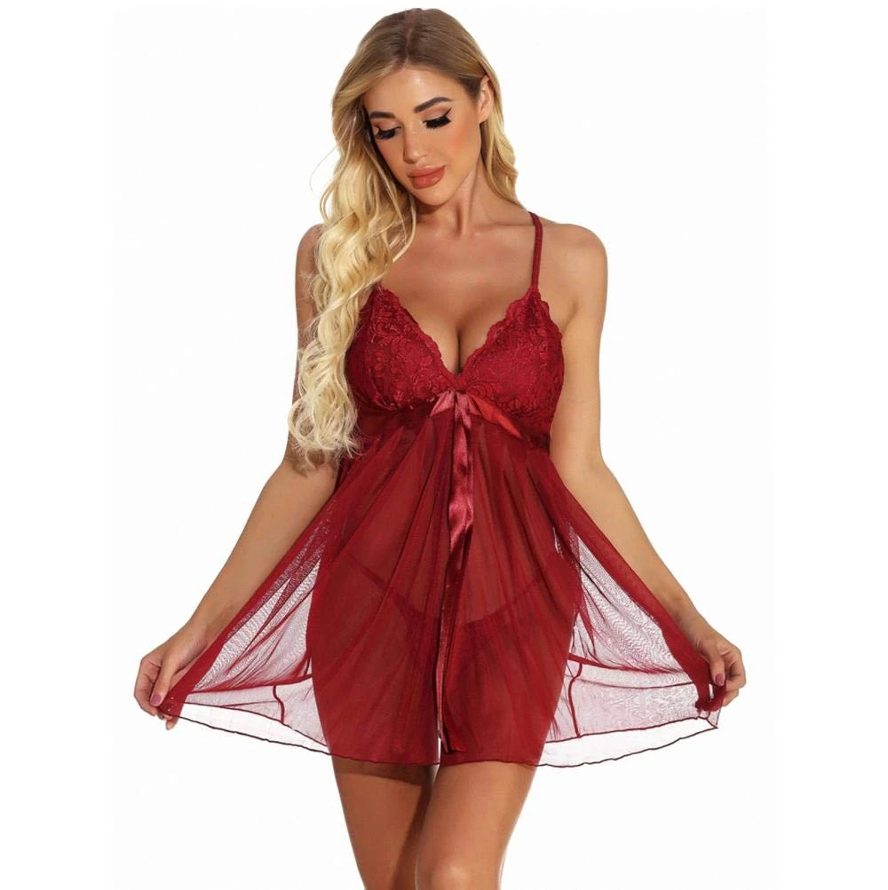 Women's Baby Dolls, Chemises & Negligees Sexy V Neck Sleeveless Night Dress-Red_XL