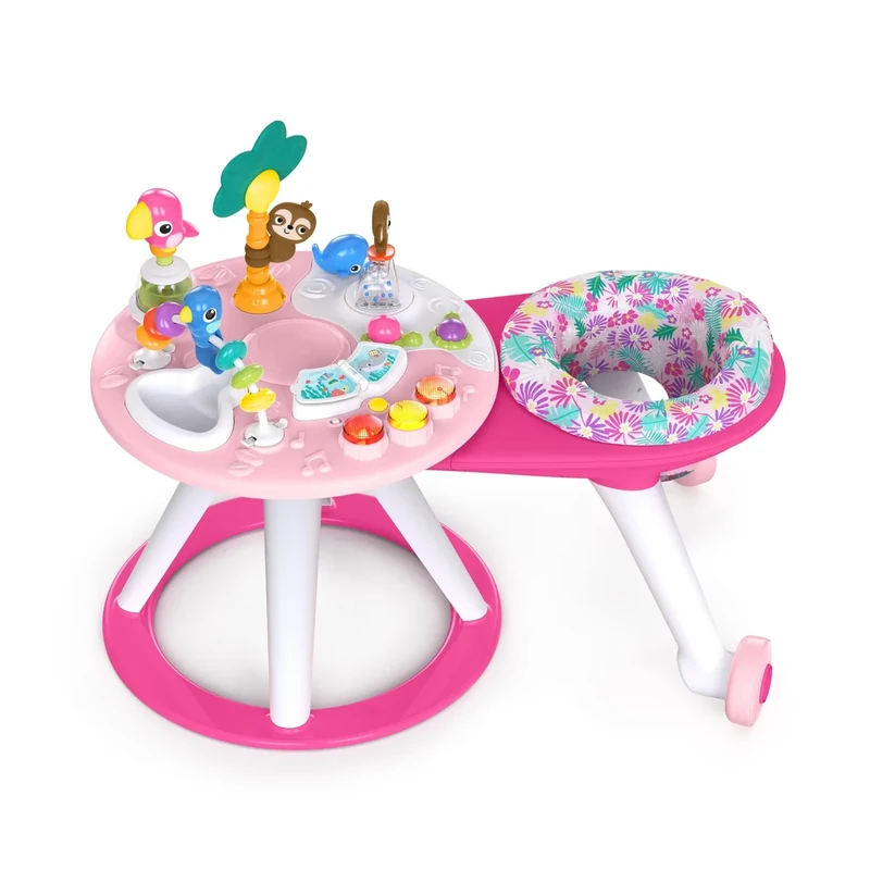 Bright Starts, Around We Go 2-in-1 Walk-Around Activity Center and Table - Tropic Coral, Walker with Music, Lights and Interactive Toys, Removable Seat, Ages 6 Months +, Pink