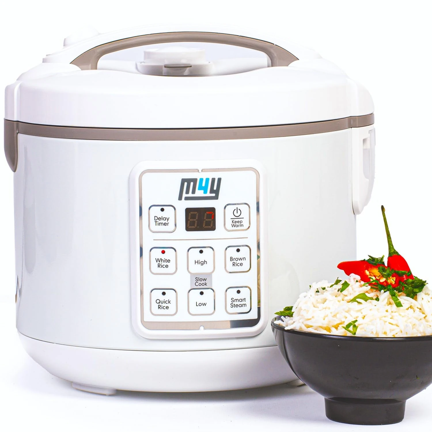 M4Y Rice Cooker, Slow Cooker and Food Steamer For 1-6 People – 1.2 Litre - Keep Warm Function, Delay Timer, Premium Inner Pot, Spatula & Measuring Cup, Perfect Rice Every time– Quick & Easy