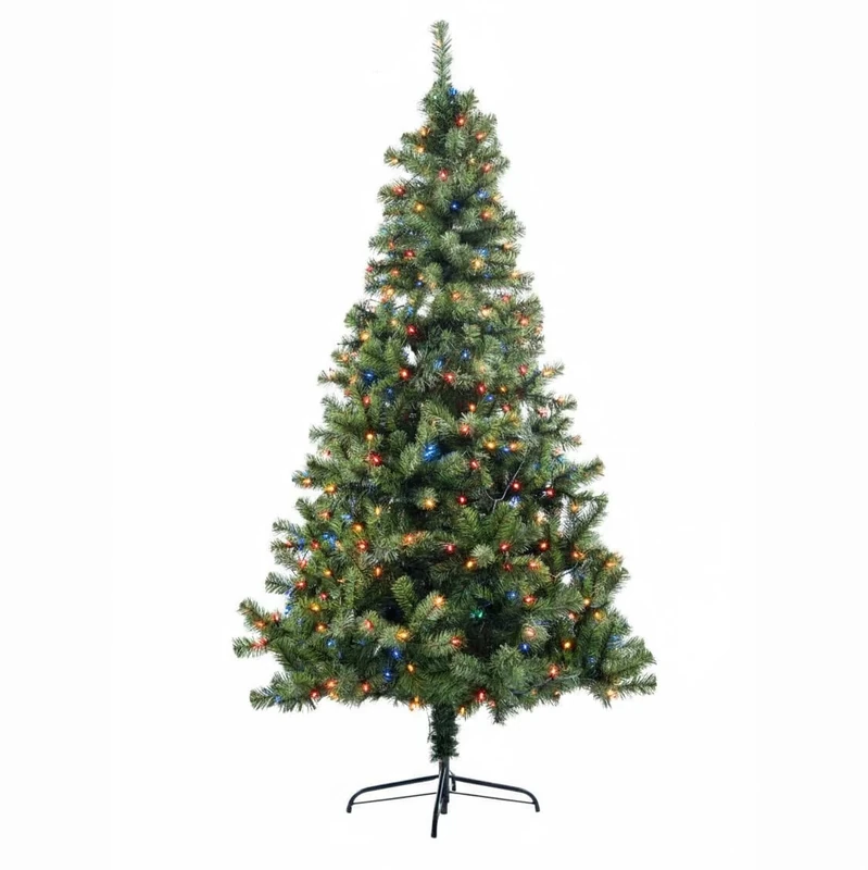 7ft/2.1m Pre-Lit Artificial Christmas Tree Alaskan Pine Green 800 Tips - 200 Multicolour LEDs Metal Stand Xmas Home Decorations