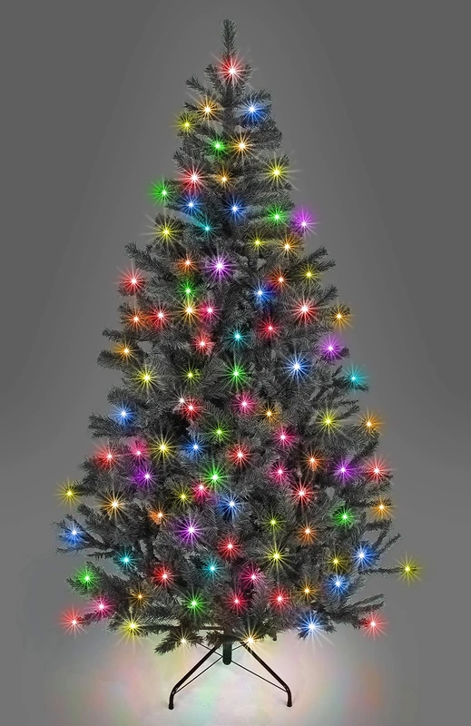 12ft/3.6m Pre-Lit Artificial Christmas Tree Alaskan Pine Black 2800 Tips - 640 Multicolour LEDs Metal Stand Xmas Home Decorations