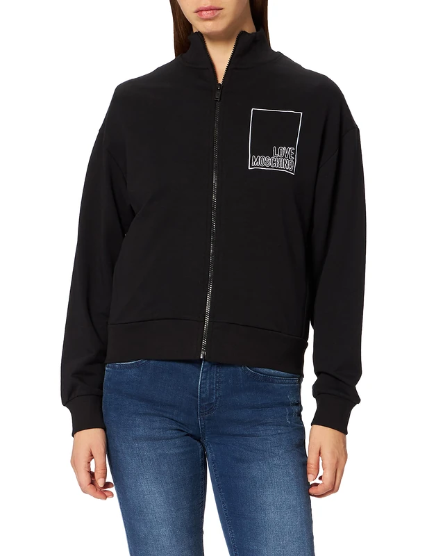Love Moschino Women's Zippered Jacket in Stretch Cotton Fleece with Ribbed Cuffs and Bottom Hem Coat, Black, 38 - Image 1