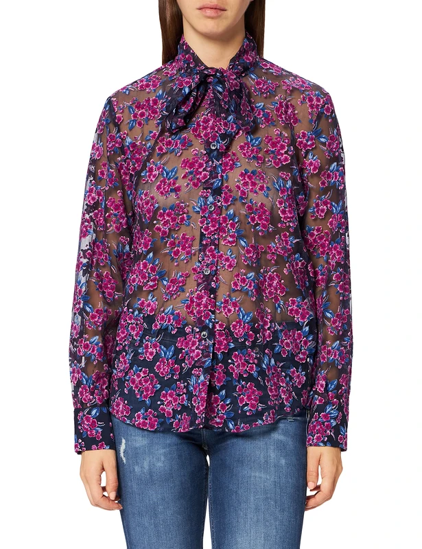 Love Moschino Women's Regular fit Long Sleeved Shirt with All-Over devoré Flowers,sash to tie Around The Neck, F.blu/Fio.Viola, 20