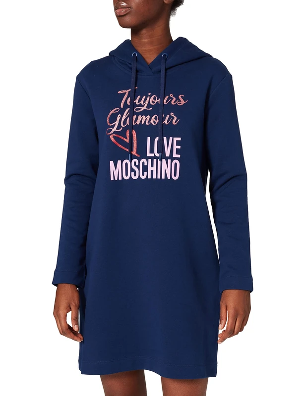 Love Moschino Women's Regular fit Long Sleeved Dress with Adjustable Drawstring Hood and Stitched Hemline Casual, Blue, 14