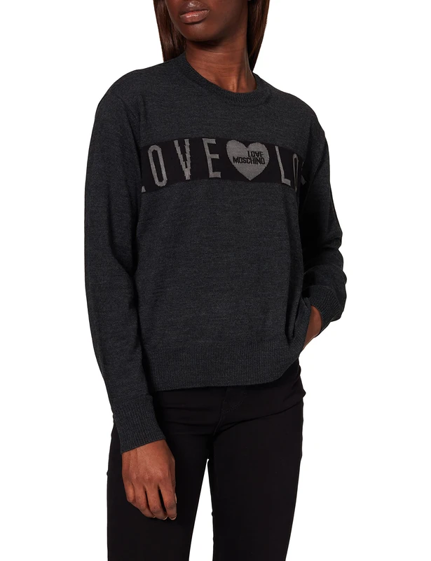 Love Moschino Women's Round Neck Pullover with Long Sleeves,with Reminiscent of The Ribbon in The Collection Sweater, Melange Dark Grey, 14