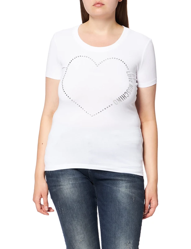 Love Moschino Women's Fitted Short Sleeved Hue Rhinestone Heart T-Shirt with Shiny Print On Chest
