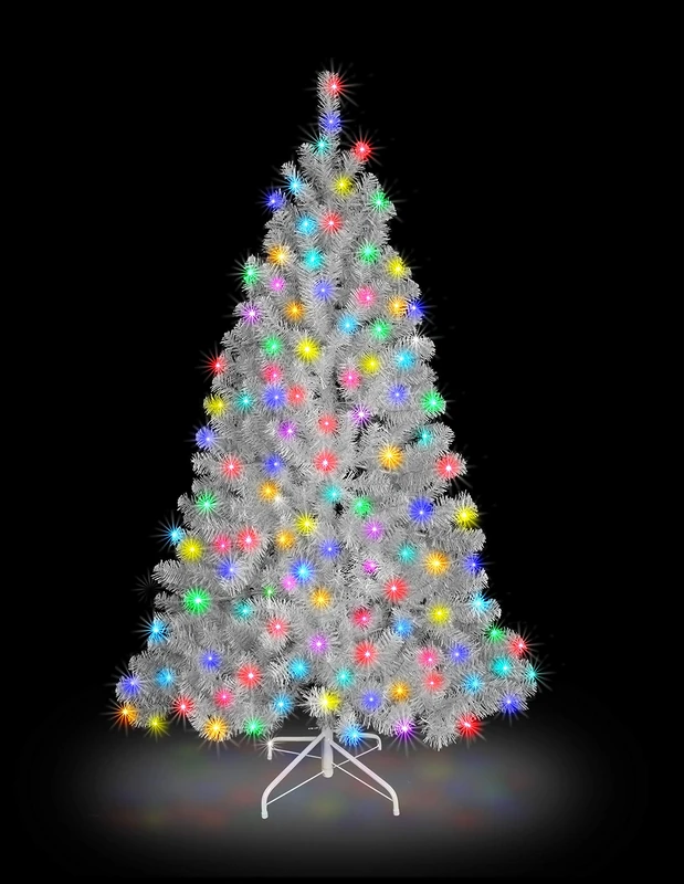 "SHATCHI 7ft/2.1m Pre-Lit Artificial Christmas Tree Alaskan Pine White 800 Tips-200 Multicolour LEDs Metal Stand Xmas Home Decorations, 210cm"