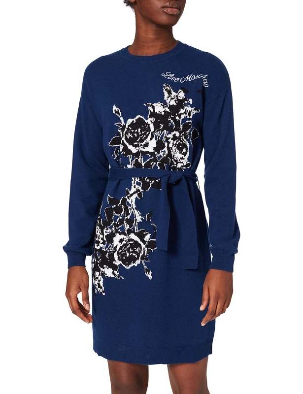 Love Moschino Women's Long Sleeved Dress with Intarsia Roses from The collection's All-Over Motif and Waist Belt Casual, Blue, 20