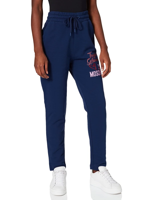 Love Moschino Women's Loose fit Joggers with Adjustable Drawstring Waist and Tapered Cuffs Casual Trousers, Blue, 14