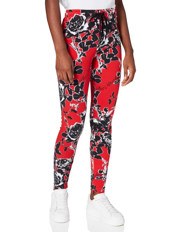 Love Moschino Women's Slim fit Joggers Printed All-Over with Roses and Logo,Adjustable Drawstring and Tapered Zipper Cuff Casual Trousers, F.red/Rosa Nera, 14