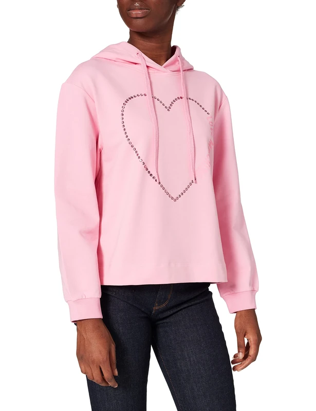 Love Moschino Women's Long Sleeved Sweatshirt with Adjustable Drawstring Hood,Ribbed Cuffs and Stitching Along The Bottom, Pink, 44