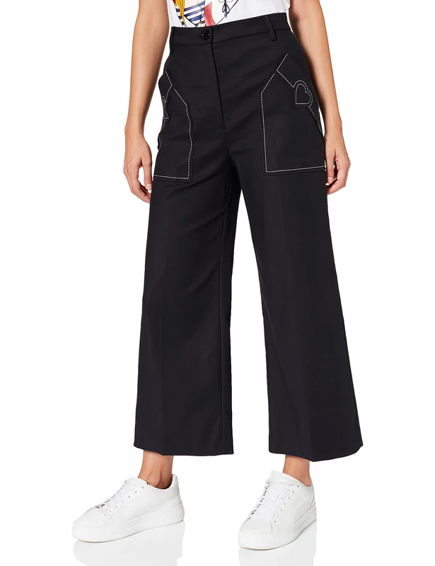 Love Moschino Women's Cropped Wide-Leg Trousers in Stretch Twill,with Patch Pockets and Customized Heart Casual, Black, 14