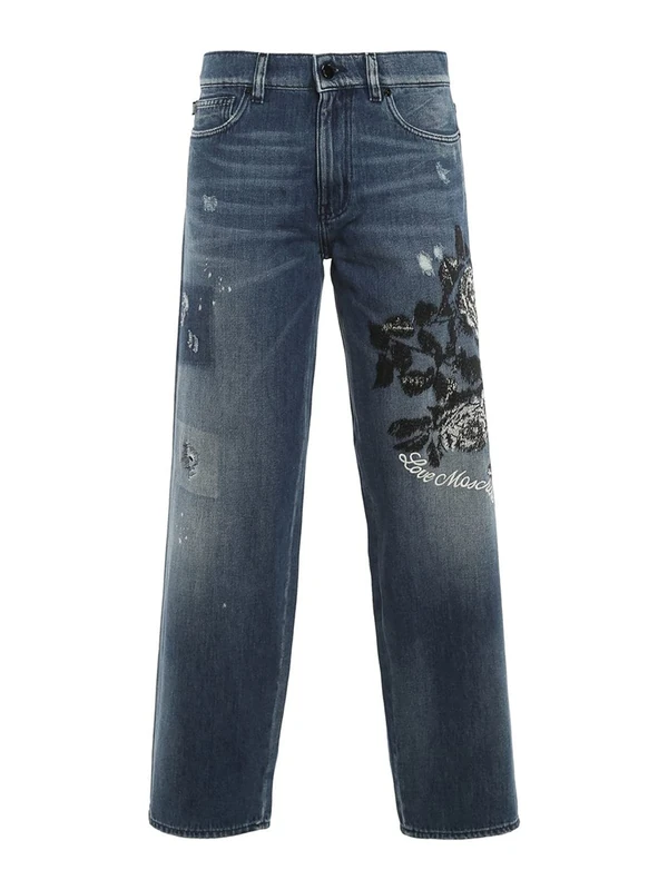 Love Moschino Women's New boy fit 5-Pocket Trousers in 100% Cotton Denim, Vintage, Sand wash and rips Casual Pants, Zzsw1984, 26