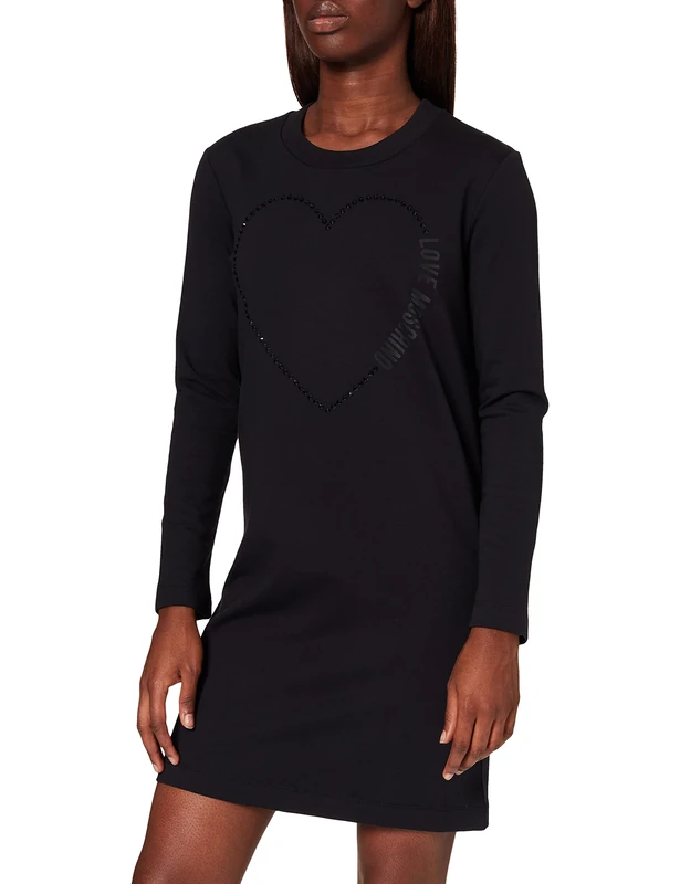 Love Moschino Women's Regular Fit Long Sleeved T-Shirt with Matching Hue Rhinestone Heart Casual Dress, Black, 18